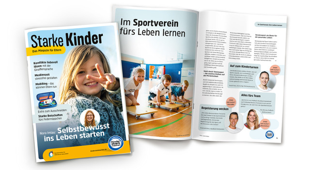 Collage des Elternmagazins: Cover mit Mädchen und aufgeschlagene Doppelseite "Im Sportverein fürs Leben lernen"